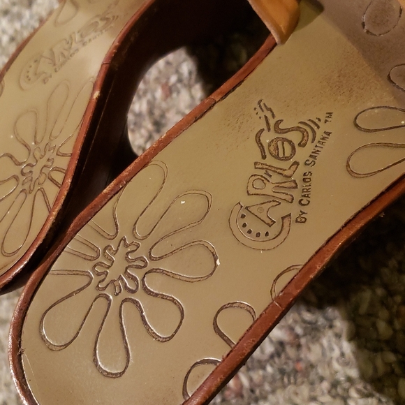 **LIGHTLY WORN** Carlos Santana Wood and Leather Heeled Sandals - Picture 3 of 6